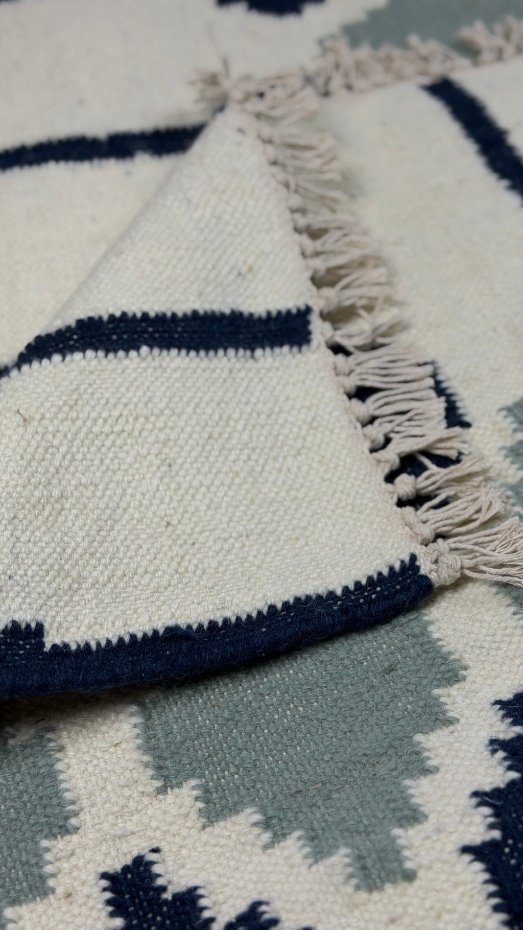 Close-up of a patterned rug with blue and white colors.