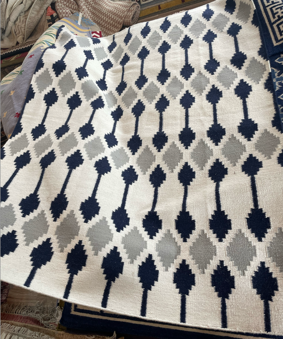 Patterned Rug with black and gray design on a surface