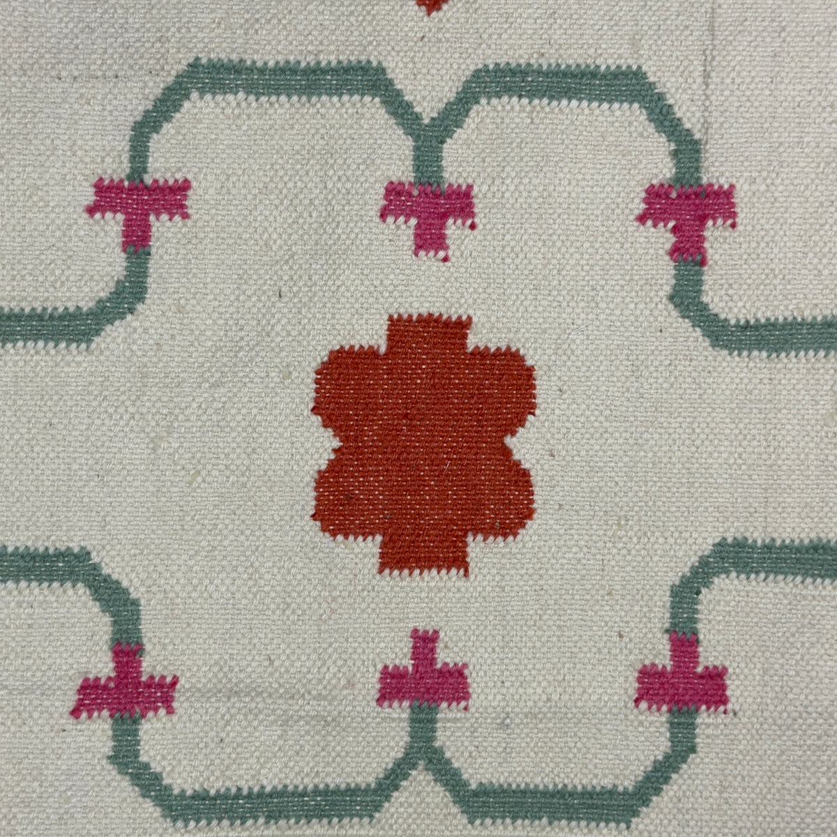 Close-up of a patterned rug with geometric design on a white background