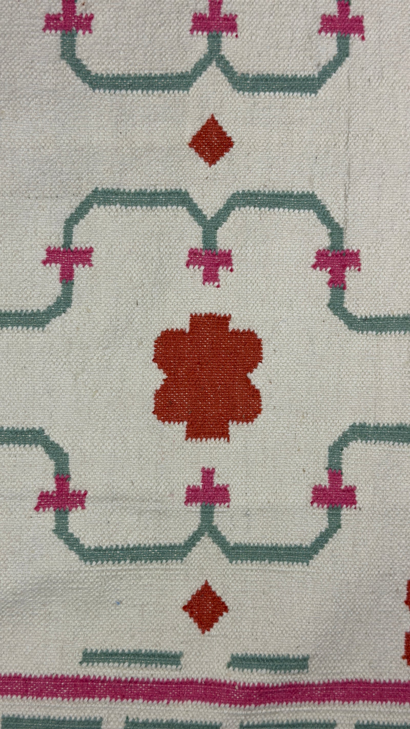 Close-up of a patterned rug with geometric design on a white background