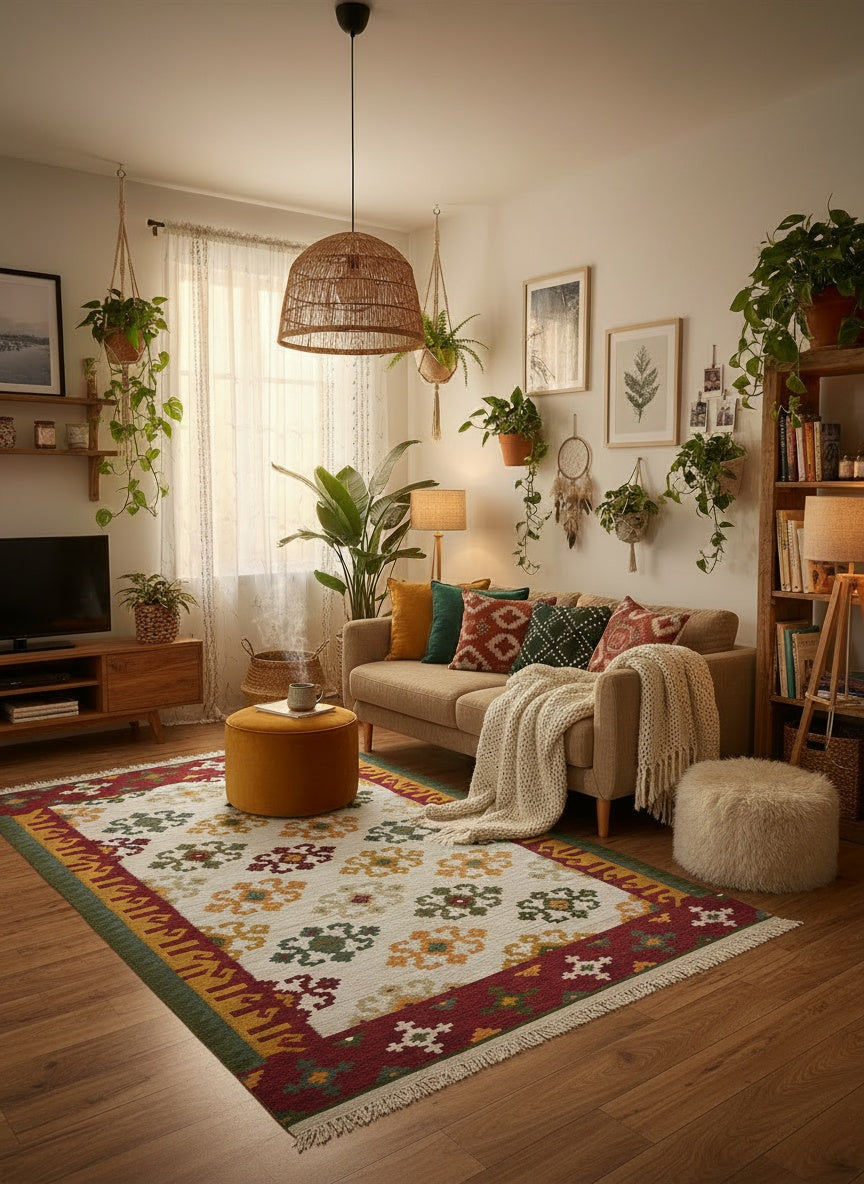 Cozy living room with a colorful rug, sofa, and decorative plants.