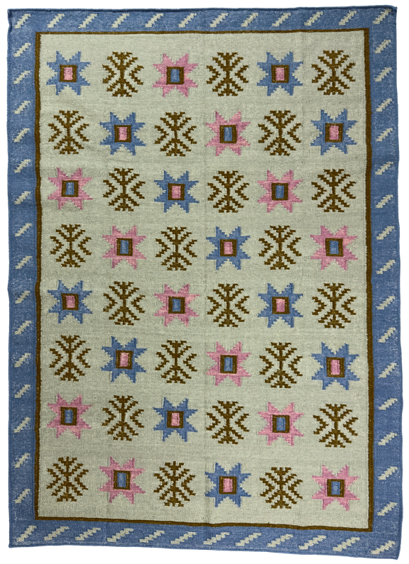 Rug with geometric pattern featuring blue, pink, and brown colors on a beige background.