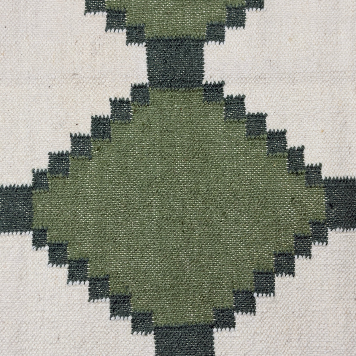 Close-up of a geometric patterned rug with green and beige colors.