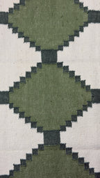 Close-up of a geometric patterned rug with green and beige colors.
