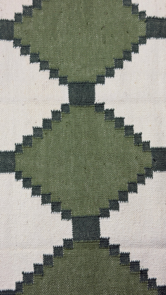 Close-up of a geometric patterned rug with green and beige colors.