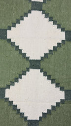 Close-up of a geometric patterned rug with green and beige colors.