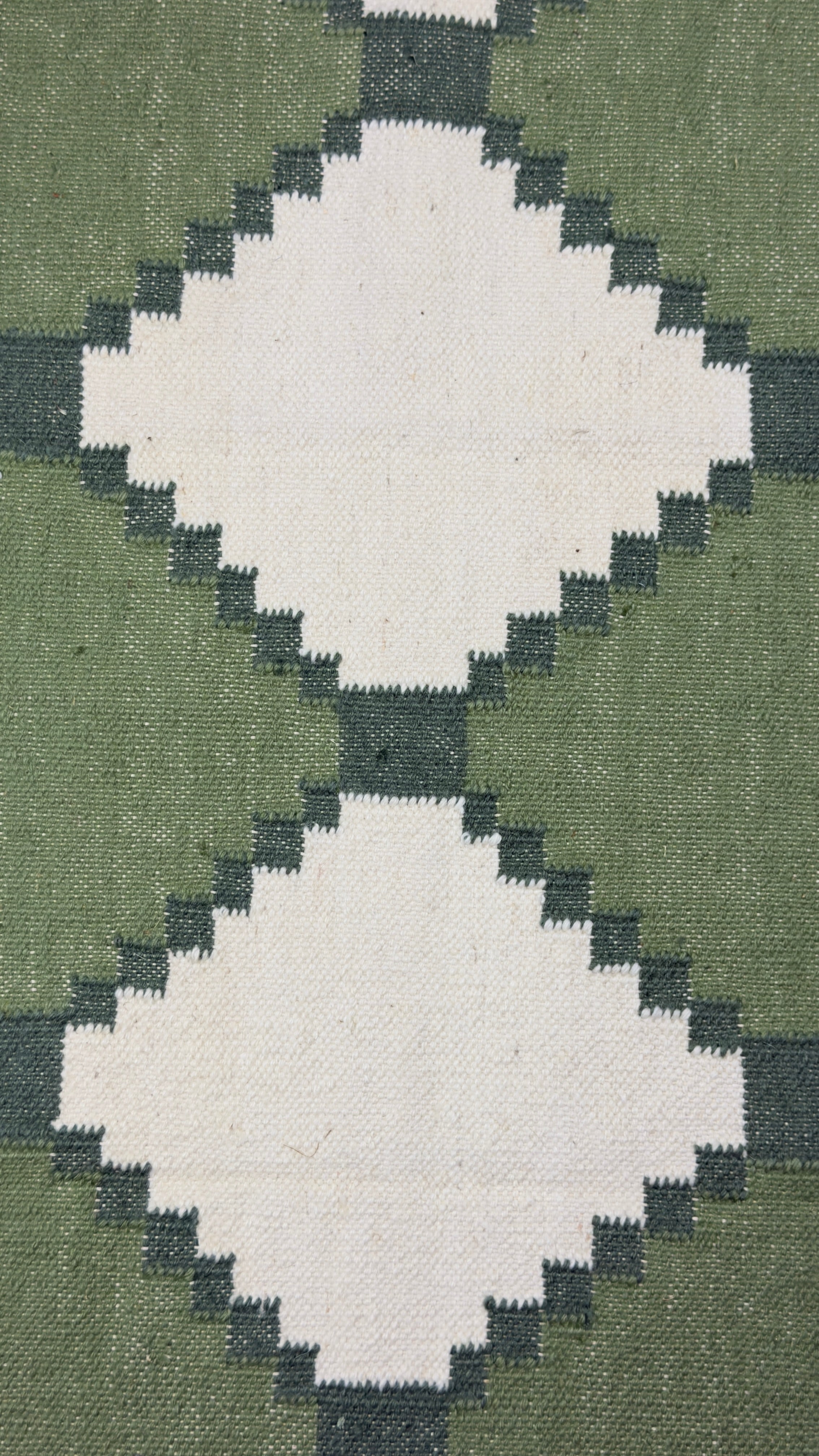 Close-up of a geometric patterned rug with green and beige colors.