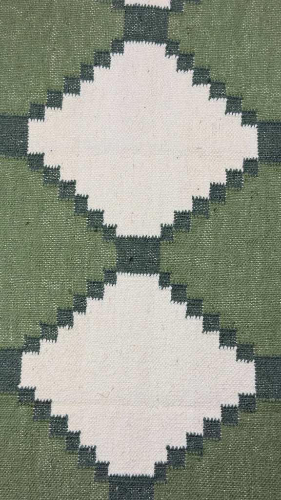Close-up of a geometric patterned rug with green and beige colors.