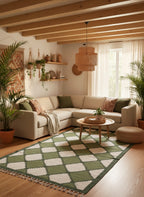 Cozy living room with a sectional sofa, coffee table, and decorative plants and a woolen rug heighlighted