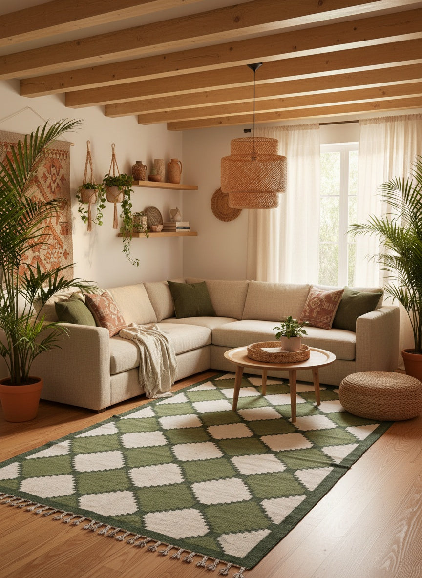 Cozy living room with a sectional sofa, coffee table, and decorative plants and a woolen rug heighlighted