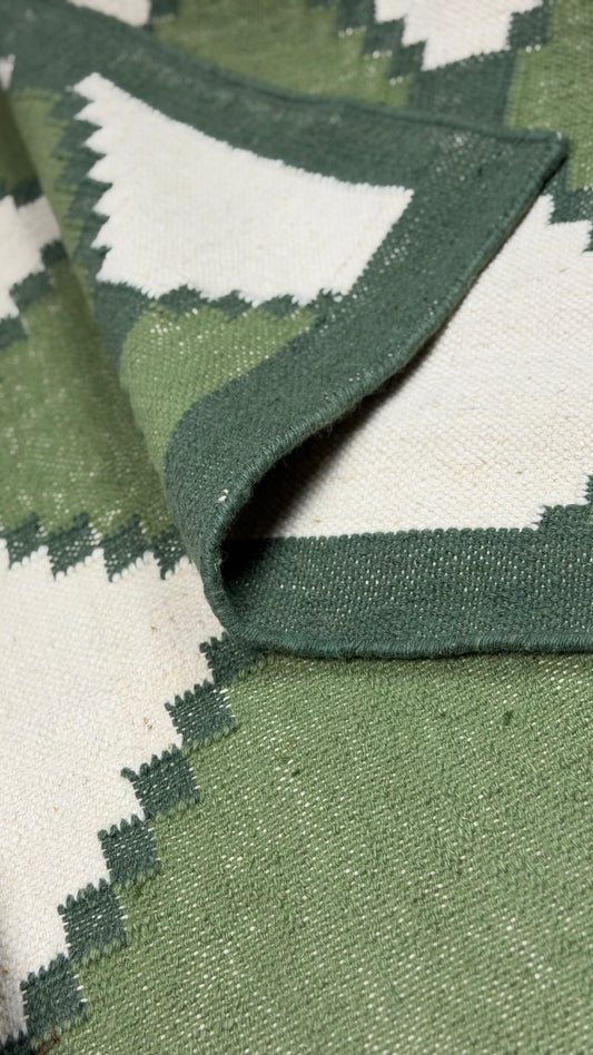 Close-up of a green and white patterned rug