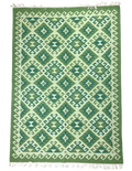Green and white patterned rug with geometric design background