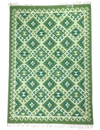 Green and white patterned rug with geometric design background