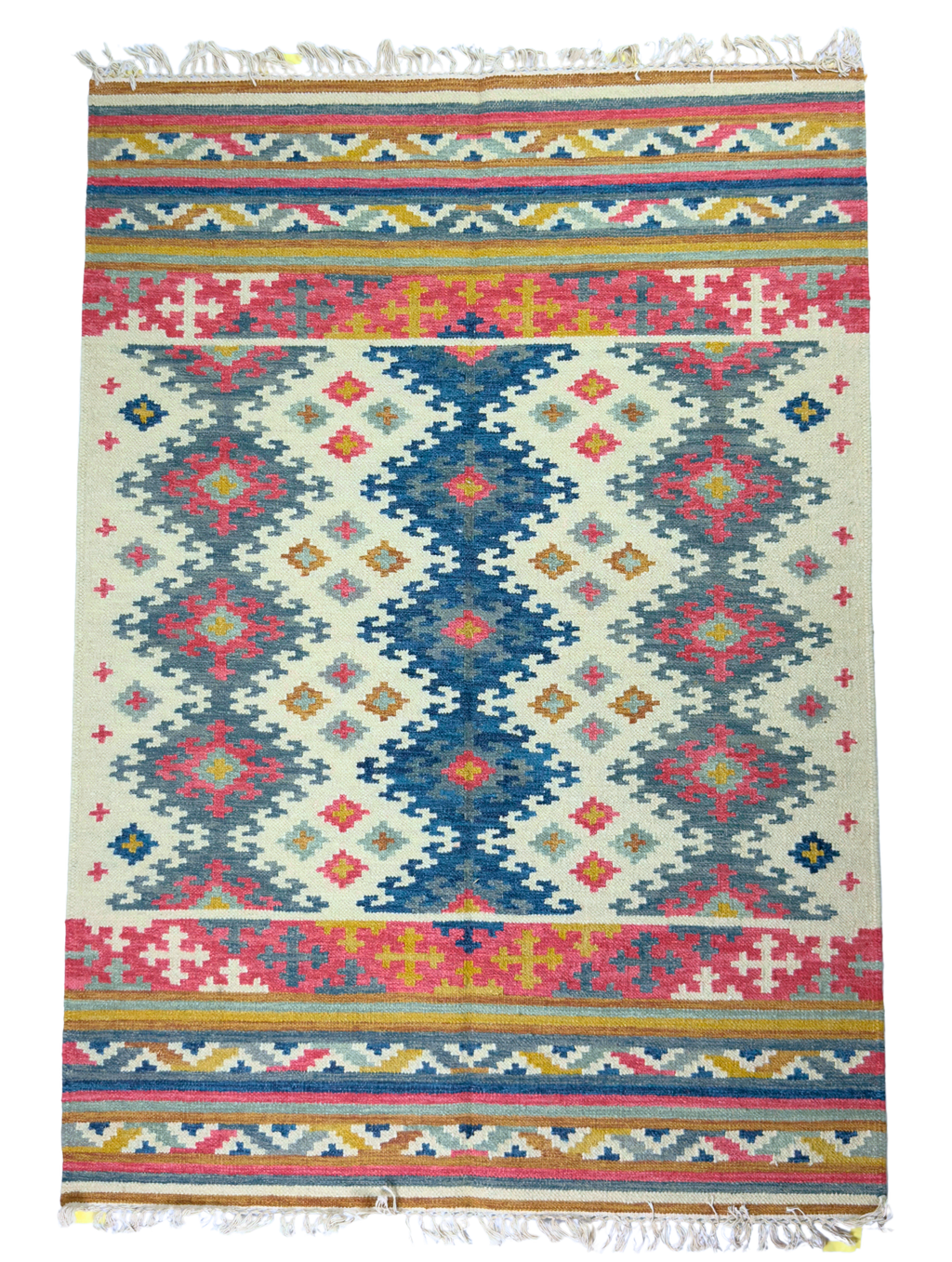 Colourful hand weaved rug on beige base