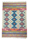 Colourful hand weaved rug on beige base