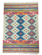 Colourful hand weaved rug on beige base