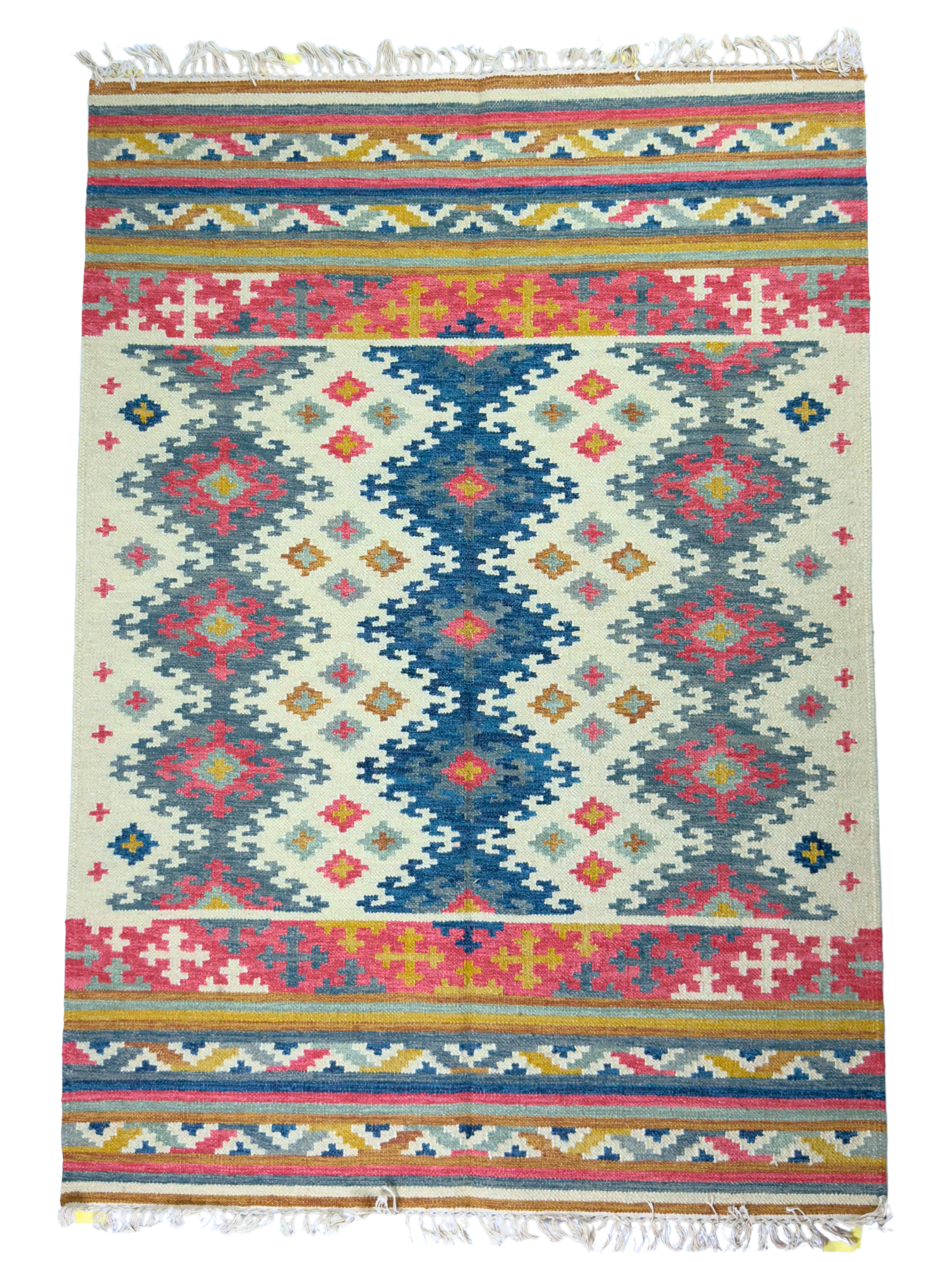 Colourful hand weaved rug on beige base