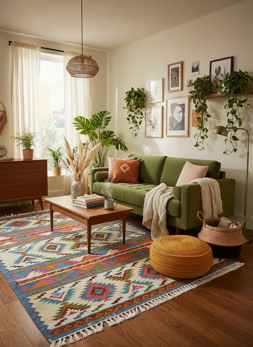 Cozy living room with green sofa, colorful rug, and decorative plants.