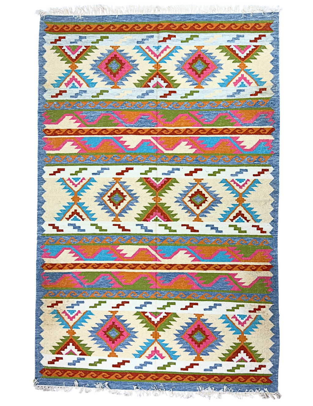 Colorful patterned rug with geometric design on a off white background
