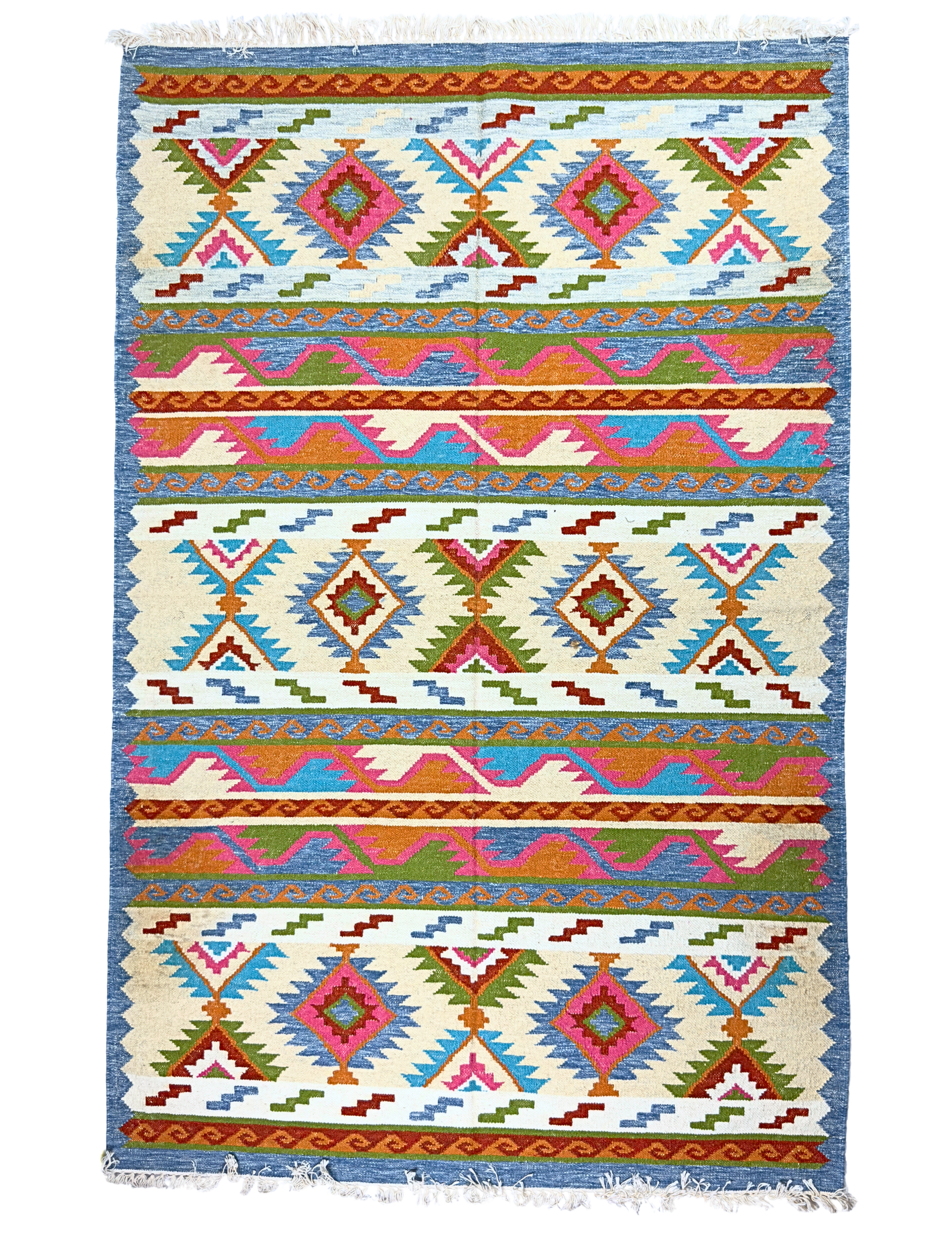 Colorful patterned rug with geometric design on a off white background