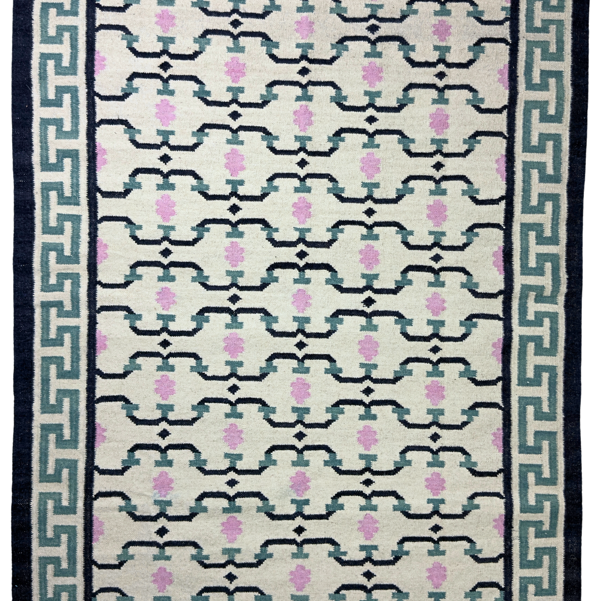 Patterned rug with geometric design on a white background
