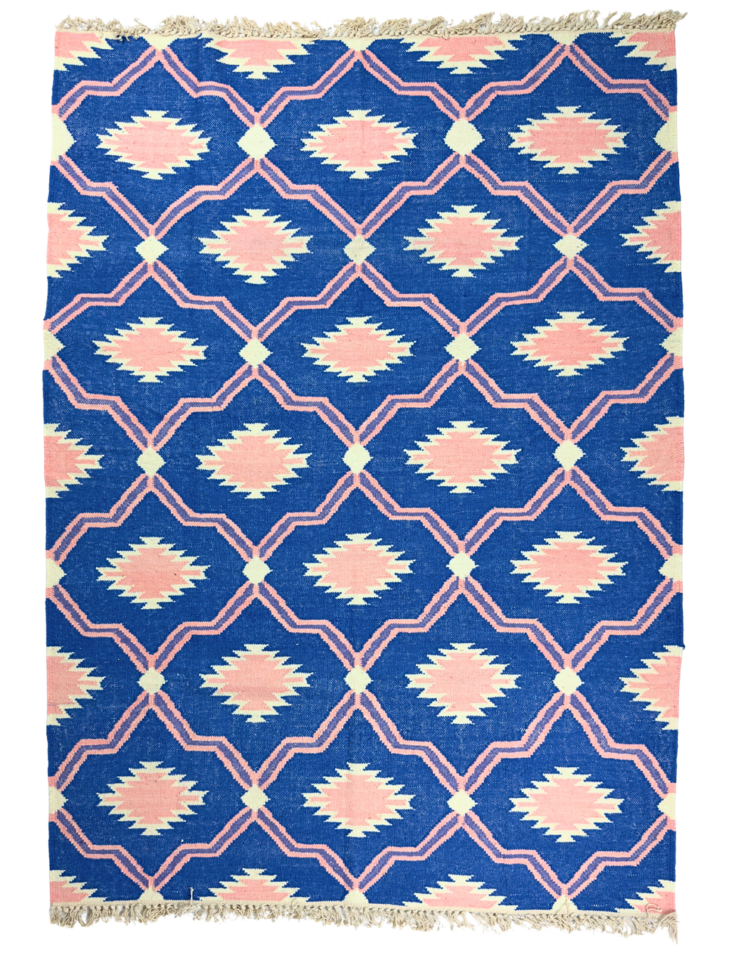 Rug with blue and pink geometric pattern