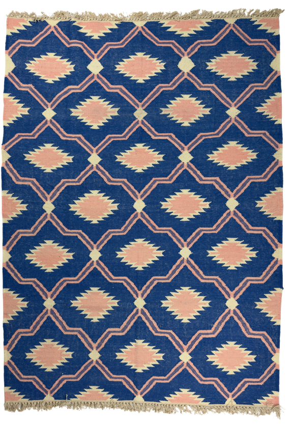 Rug with geometric pattern on a blue background