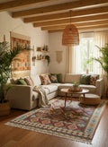 Handwoven terracotta, blue and multicolour kilim rug by Dariyaa