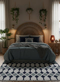 Handwoven grey, navy and white wool rug by Dariyaa
