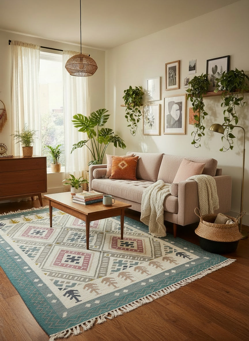 Handwoven green, pink and gold wool rug by Dariyaa