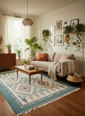 Handwoven green, pink and gold wool rug by Dariyaa